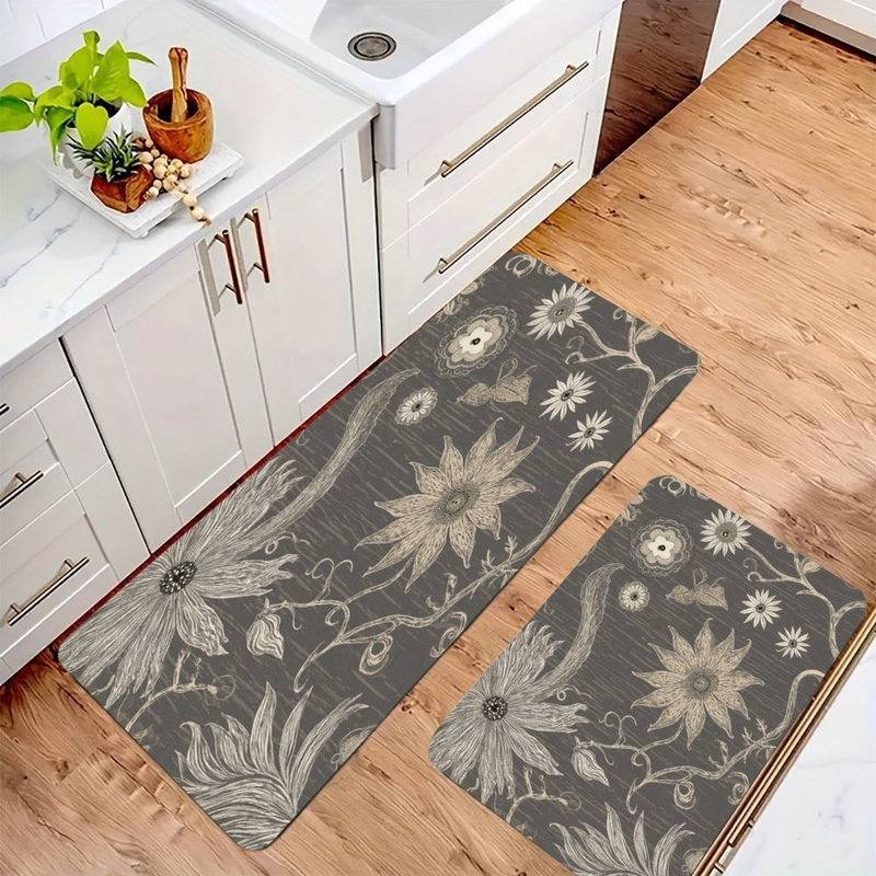 Line Art Floral Pattern, 2 Pcs Non Slip Kitchen Mats, Gray/Beige Floral