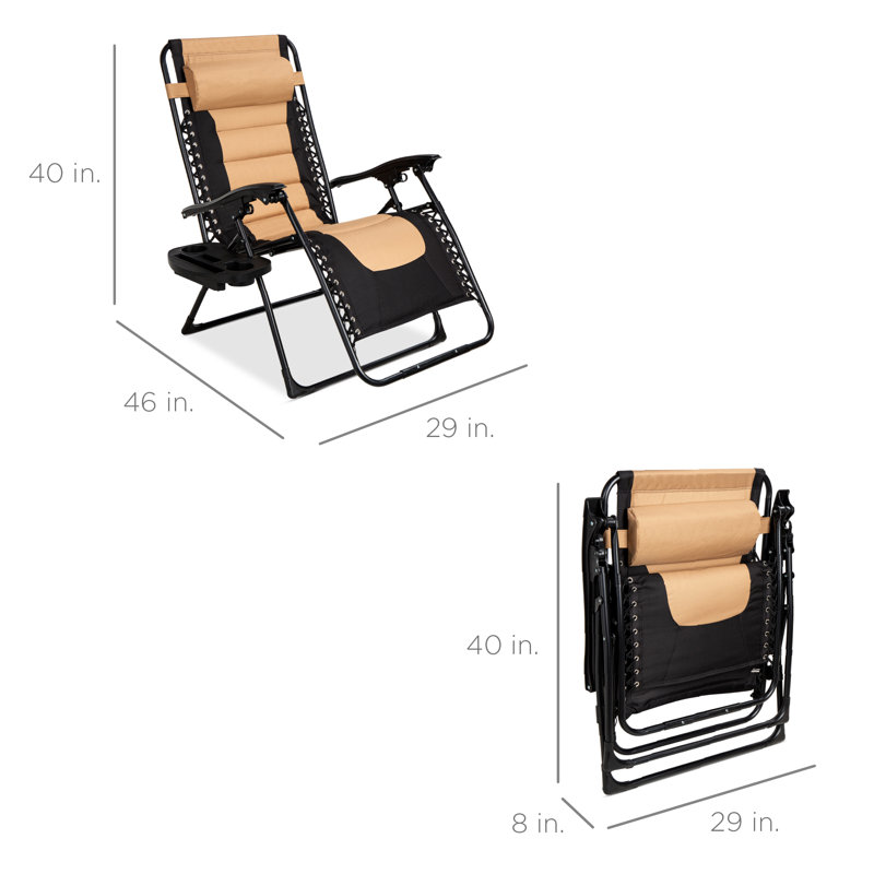 Danny-James Oversized Padded Zero Gravity Chair, Folding Outdoor Patio Recliner w/ Side Tray, Tan
