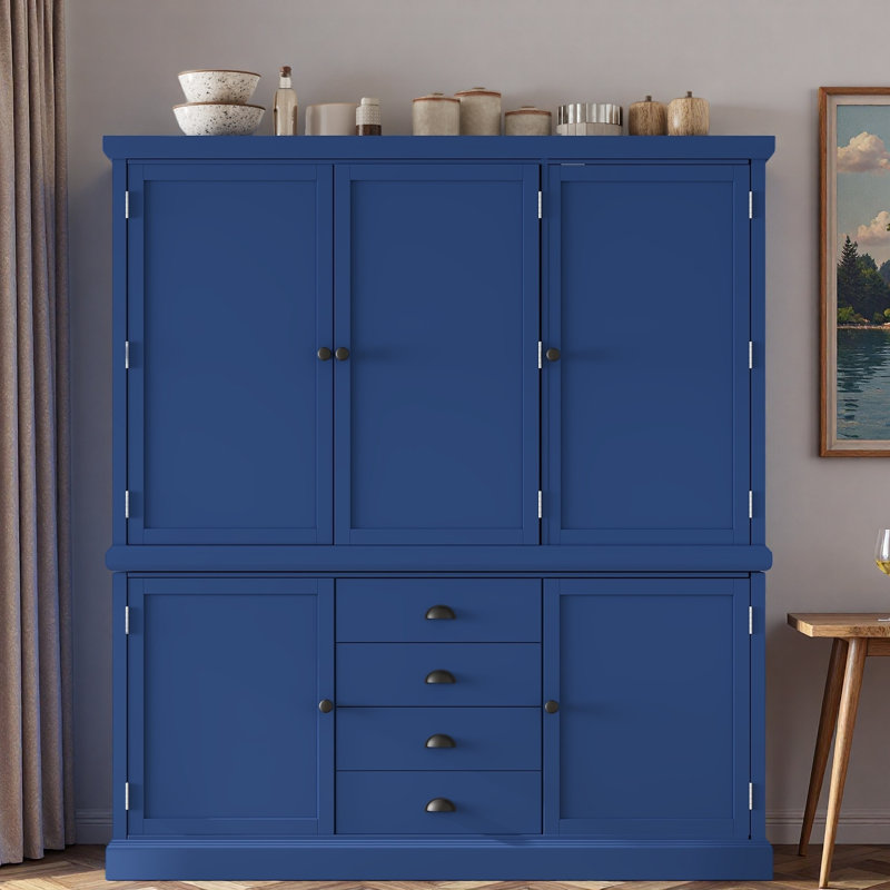 Garde-manger autoportant en bois avec armoires, tablettes de porte, tablettes réglables et tiroirs, Bleu