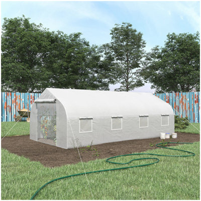 Serre de tunnel avec porte à fermeture à glissière et 8 fenêtres en maille Outsunny, 20 pi x 10 pi x 7 pi, serre chaude pour plante de jardinage avec cerceaux en acier galvanisé, blanc