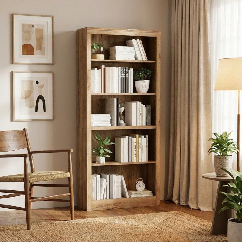 71" Tall Bookcase, 5-Tier Wooden Open Bookshelf, Modern Freestanding Storage Shelf, Brown
