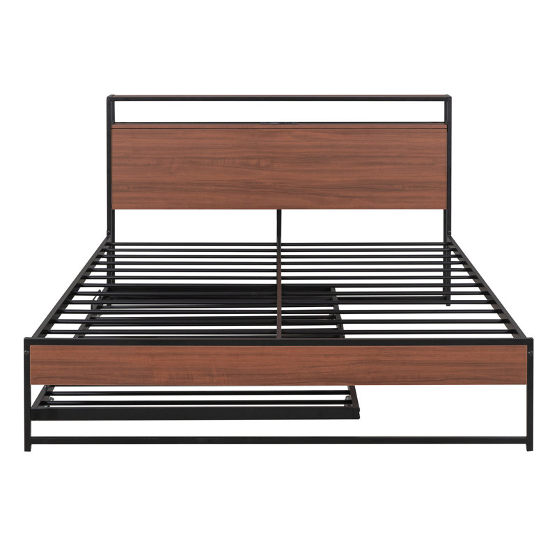Structure de lit plateforme en métal avec couchette, ports USB et support à lattes, Grand lit, Noir