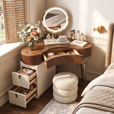 Bureau de coiffeuse de coin moderne en L noyer avec tiroirs de rangement pour petits espaces