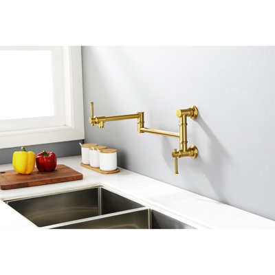 Pot Filler Faucet - Wall Mounted In Modern Brass Brushed Gold Arm For Versatile Filling Quiet Water Discharge Design Double Handles Effective Control Corrosion Coating