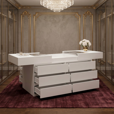 White Closet Island With 12 Drawers, Tempered Glass Display Top And Extendable Side Panels, Wardrobe Storage Island
