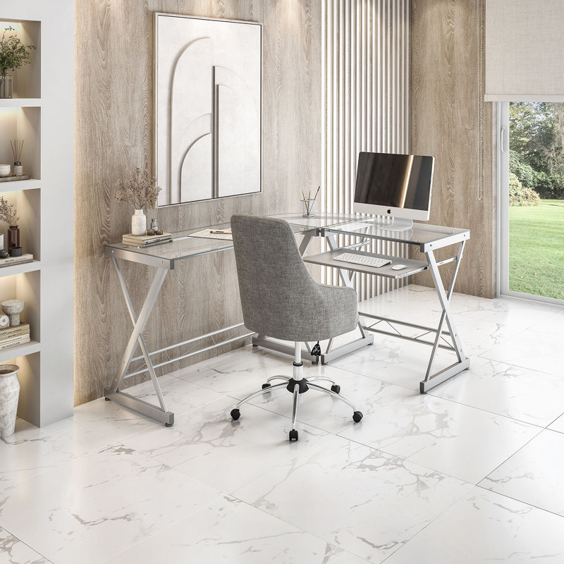 L-Shaped Tempered Glass Top Computer Desk With Pull Out Keyboard Panel, Clear