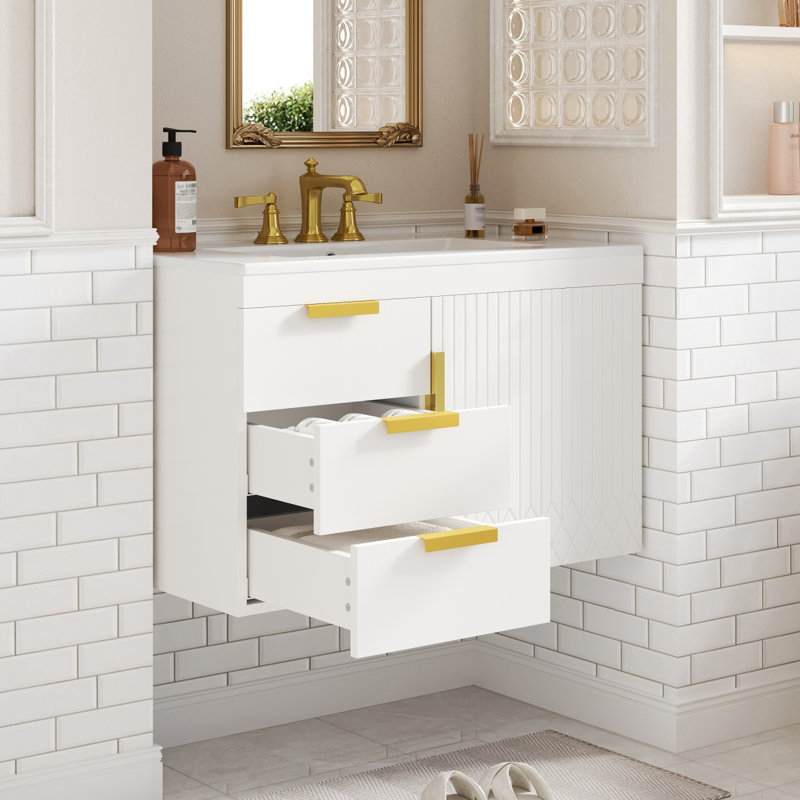 Armoire de salle de bain murale 30 "avec tiroirs à fermeture en douceur et lavabo en céramique, White