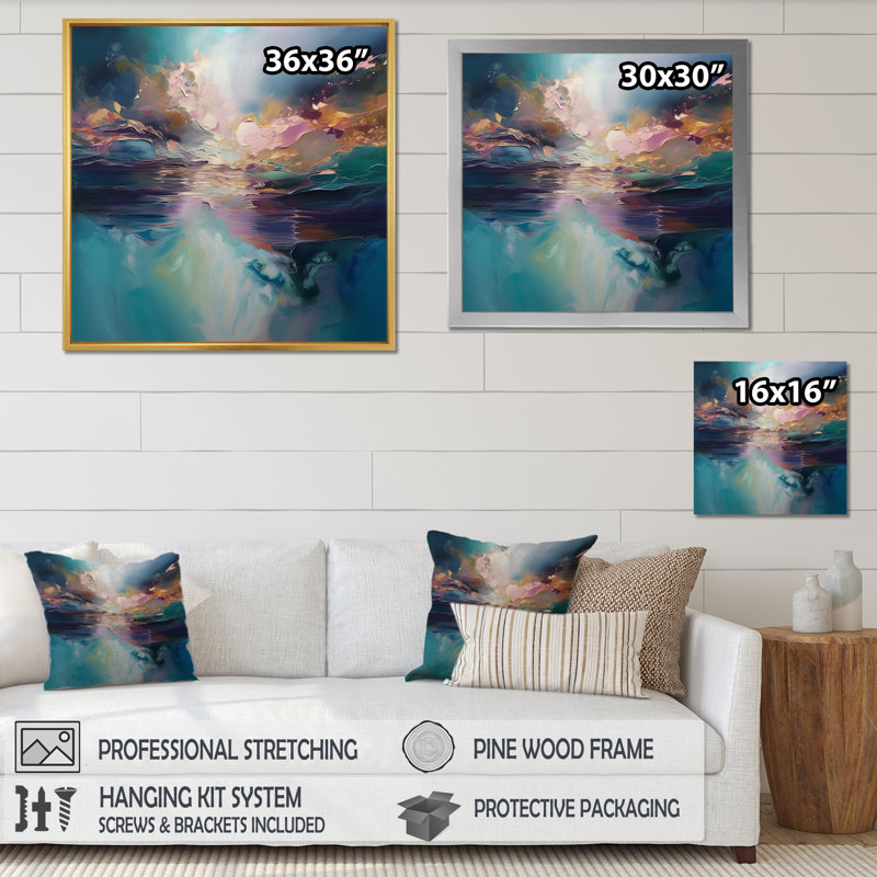 «Spiried Ocean Sunset In Shades Of Blue», art mural abstrait sur toile, 16" H x 16" W, Cadre flottant doré