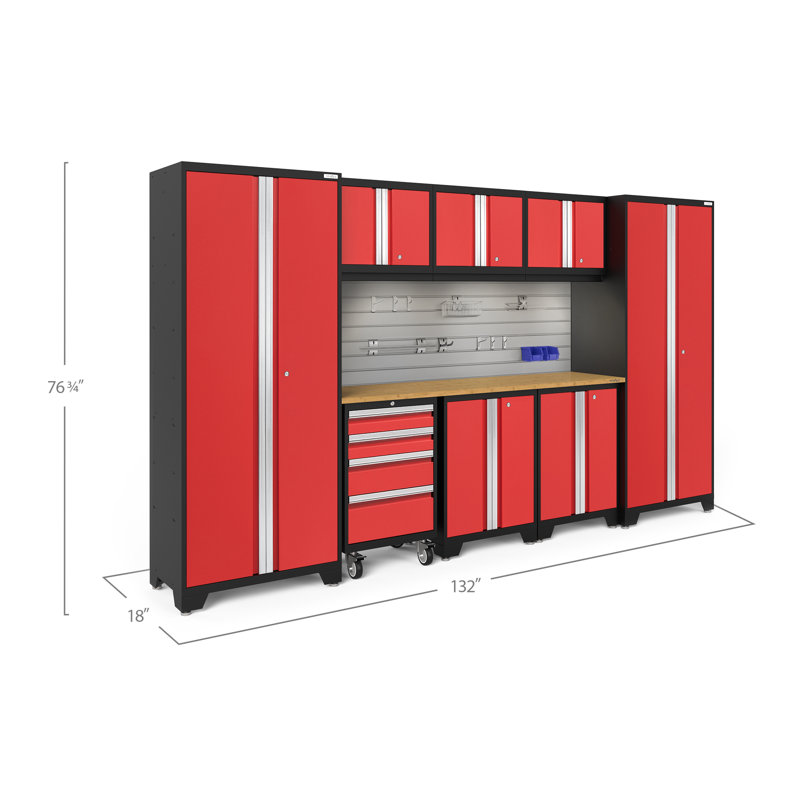 Bold Series 76.75'' H x 132'' W x 18'' D 9 Garage Storage Cabinet Set, Red, Bamboo