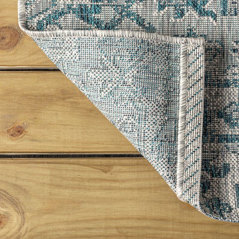 Truman Bohemian Medallion Textured Weave Teal/Gray Indoor/Outdoor Rug, Square 3'11"