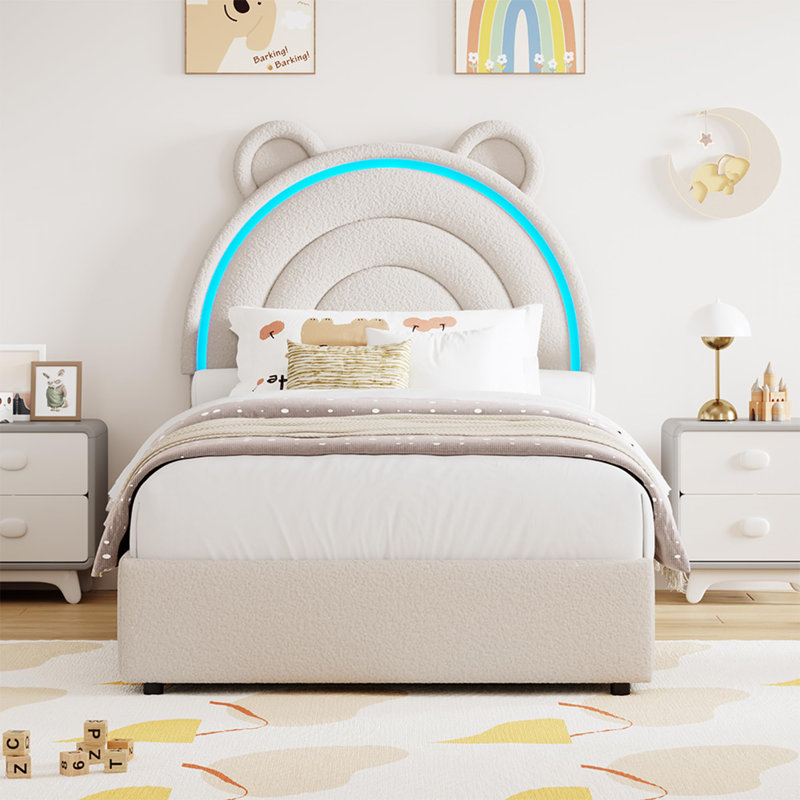 Twin Size Bed Frame with 2 Storage Drawers & LED Lights, Velvet Upholstered Platform Bed with Rainbow Headboard, Gray