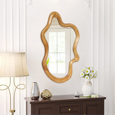 33.46" X 22.24" Irregular Shaped Wall Mirror With Natural Wood Frame