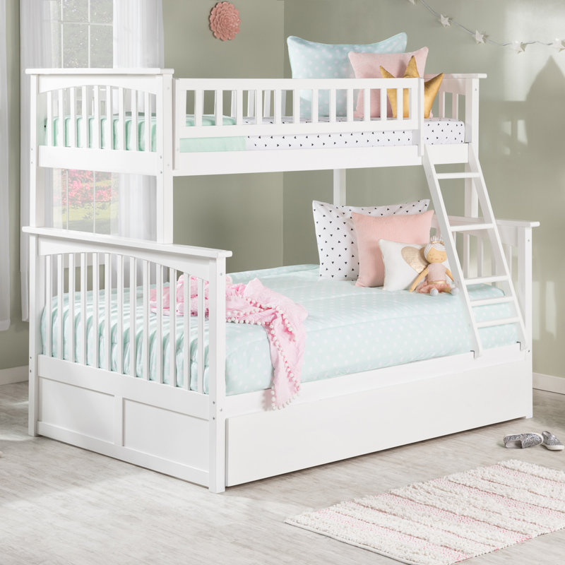 Blaisdell Solid Wood Standard Ladder Bunk Bed with Roll Out Trundle, White, Twin over Full