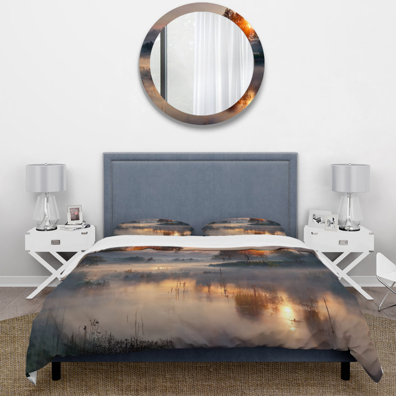 Ensemble de housse de couette en microfibre / polyester Morning Fog Over The Lake Sunset Bedding