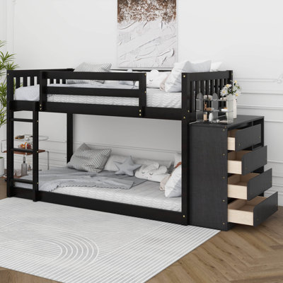 Twin Over Twin Bunk Bed With 4 Drawers And 3 Shelves, Wood Bunkbed With Guard Rail & Ladder
