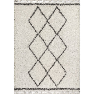 Cantera Shag Plush Tassel Moroccan Tribal Geometric Trellis Cream/Gray Rug