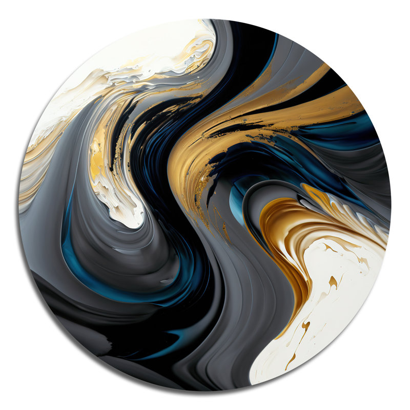 Art mural liquide noir, blanc et or IV - Abstrait encre liquide ronde sur métal, L 16 po x H 16 po