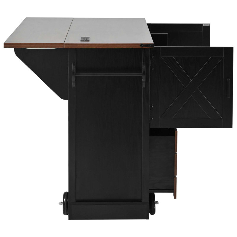 Rustic Farmhouse Kitchen Island With Drop Leaf, Power Outlet, Storage, And Spice Rack For Enhanced Functionality, Black