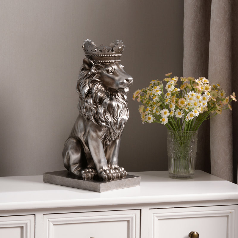 14.5" H Sitting Lion W/Crown Resin Statue Home Decor Living Room Display, Silver