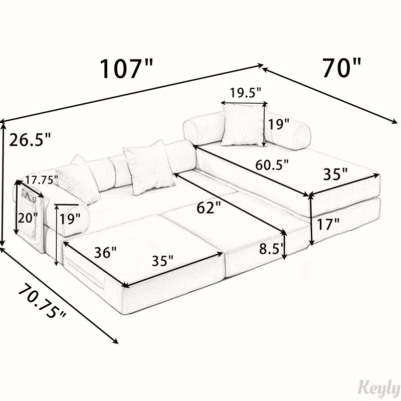 107'' Folding Cloud sofas Modular Sectional Sofa, DIY ,No Assembly, Black
