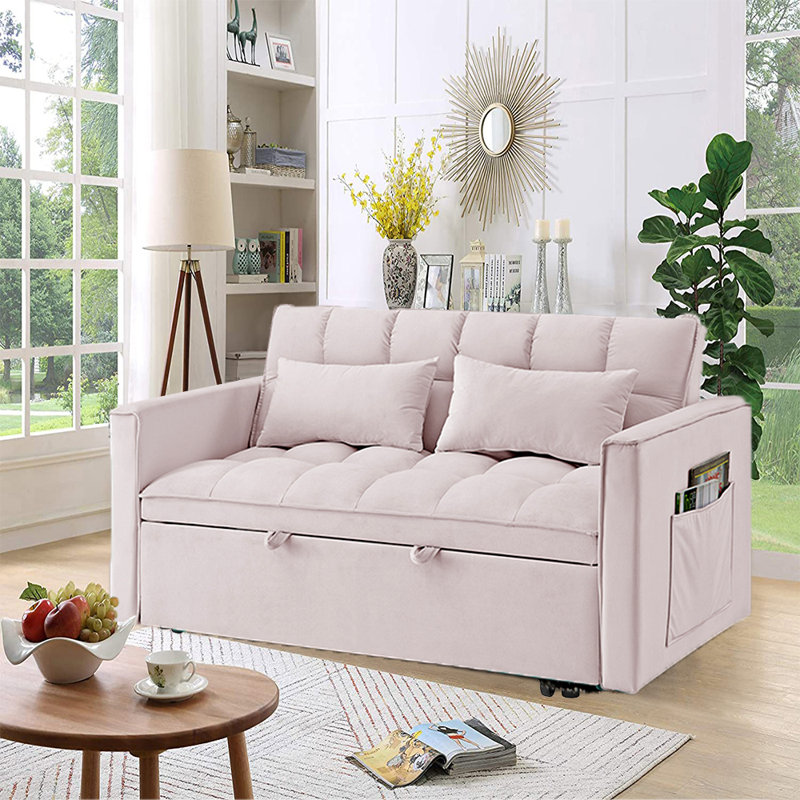 Causeuse convertible Jashlyn, H 31,5 po x l 55 po x P 35 po, Velours rose clair