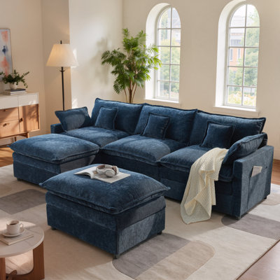 108" 5-Person U-Shaped Sectional Sofa with 2 Ottomans, 26" Deep Seat Chenille Cloud Couch with 5 Throw Pillows