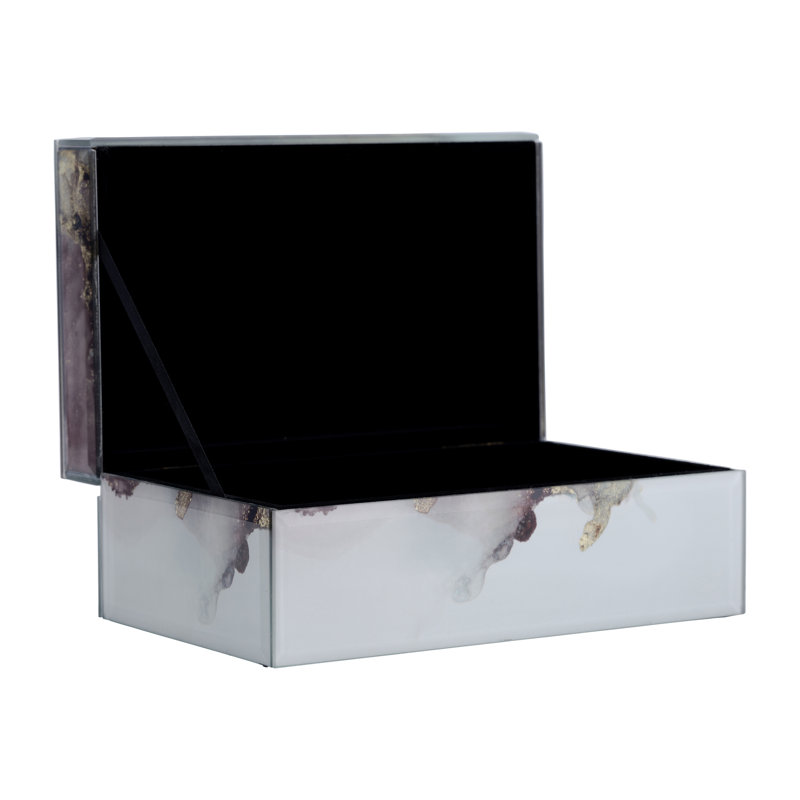 Patroula 8" W Handmade Glass Decorative Box with Velvet Lining , Beige/Gold