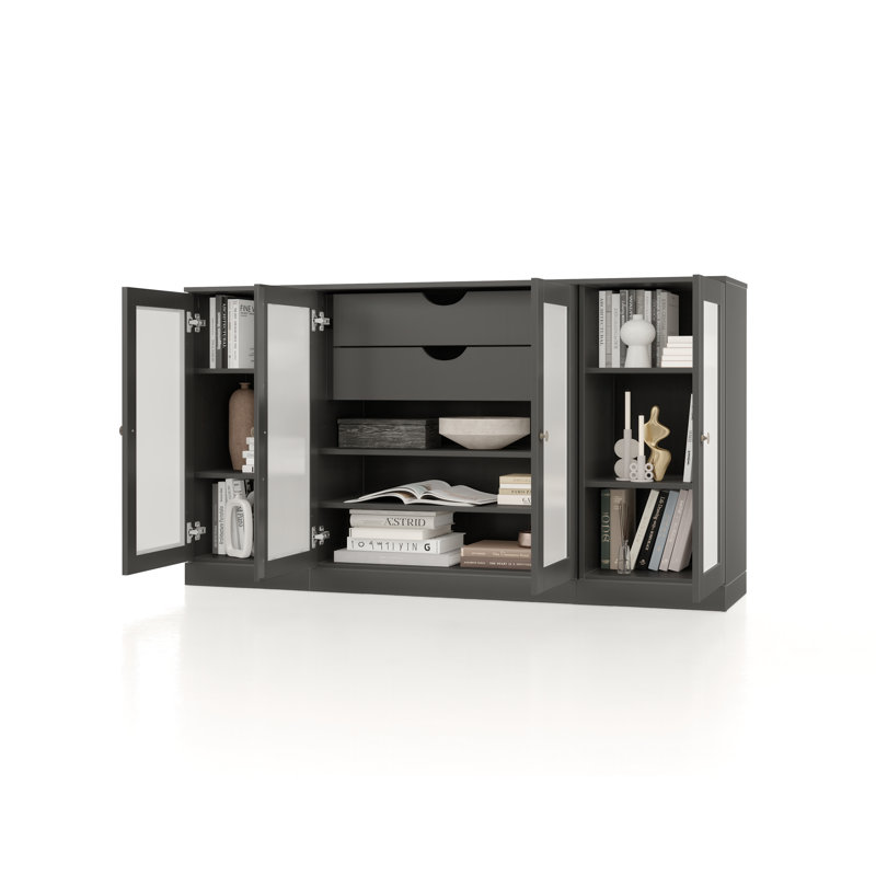 100% Solid Wood 65" Sideboard with Frosted Glass Doors, 2-Drawers and Adjustable Shelves, Gray