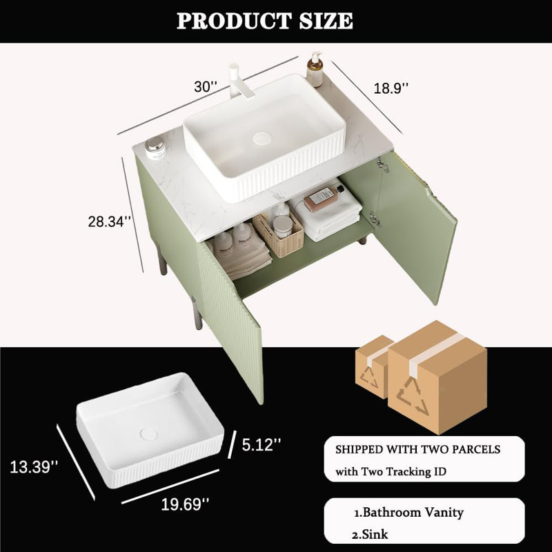 30'' Single Bathroom Vanity with Top, White, Green