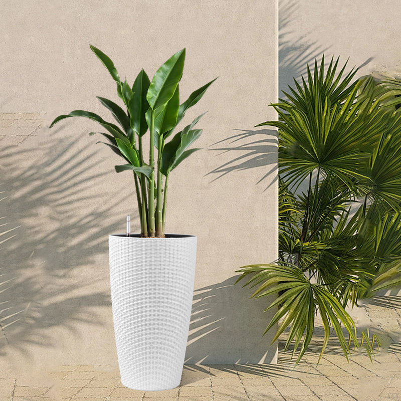 Set Of 2 Faux Rattan Tall Planters Outdoor Indoor Large Planters With Water Level Monitor Inner Bucket, Automatic Watering, Flower Plant Pots For Garden, Patio, Porch, Backyard (22 Inch )