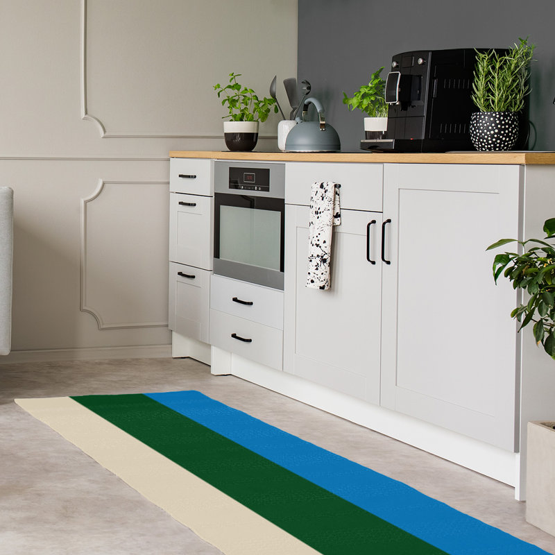 Tapis crème/vert/bleu rayé, Tapis de couloir 2 pi 6 po x 8 pi