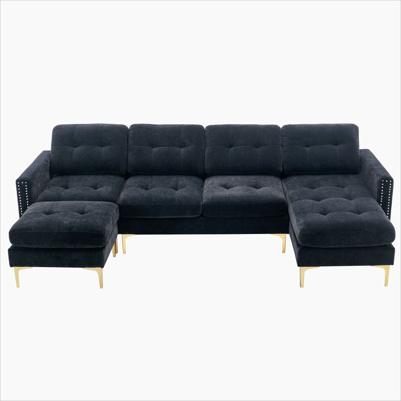 110" L-Shape Convertible Sectional Sofa Couch With Movable Ottoman For Living Room, Black Velvet