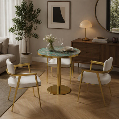 Table de salle à manger ronde moderne de 31,5 po avec tulipes, plateau de table en pierre frittée avec impression de faux marbre de luxe, base en acier inoxydable, surface imperméable et résistante aux rayures et à l'usure, idéale pour l'intérieur et l'extérieur