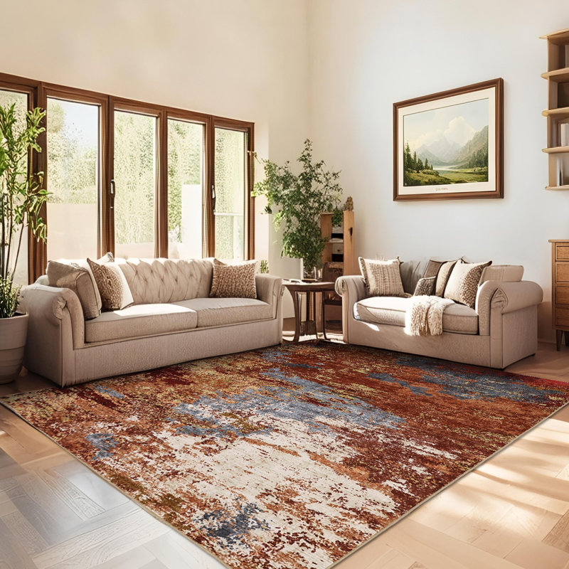 Modern Abstract Machine Washable Non-Slip Rug, Non-Shedding Contemporary Accent Rugs, Low Pile Indoor Carpet for Living Room, Bedroom