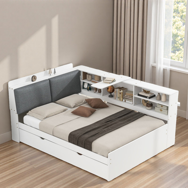 Lit plateforme avec lit gigogne, tablettes de rangement, tête de lit tapissier et plateau de rangement rotatif, Blanc