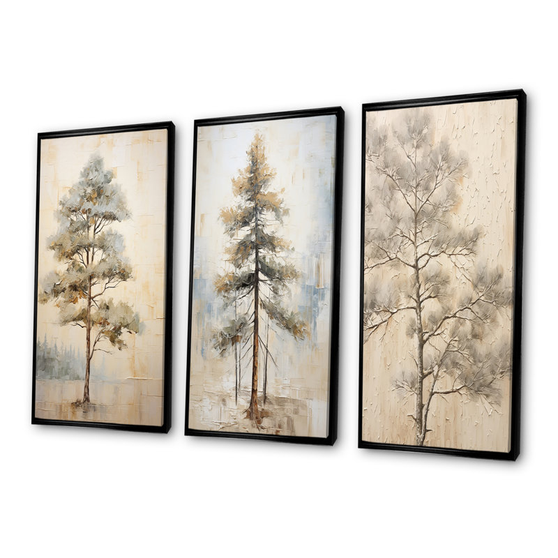 «Beige Tree Pine», ensemble de 3 reproductions d'art sur toile, Cadre flottant noir, H 32 po x l 48 po