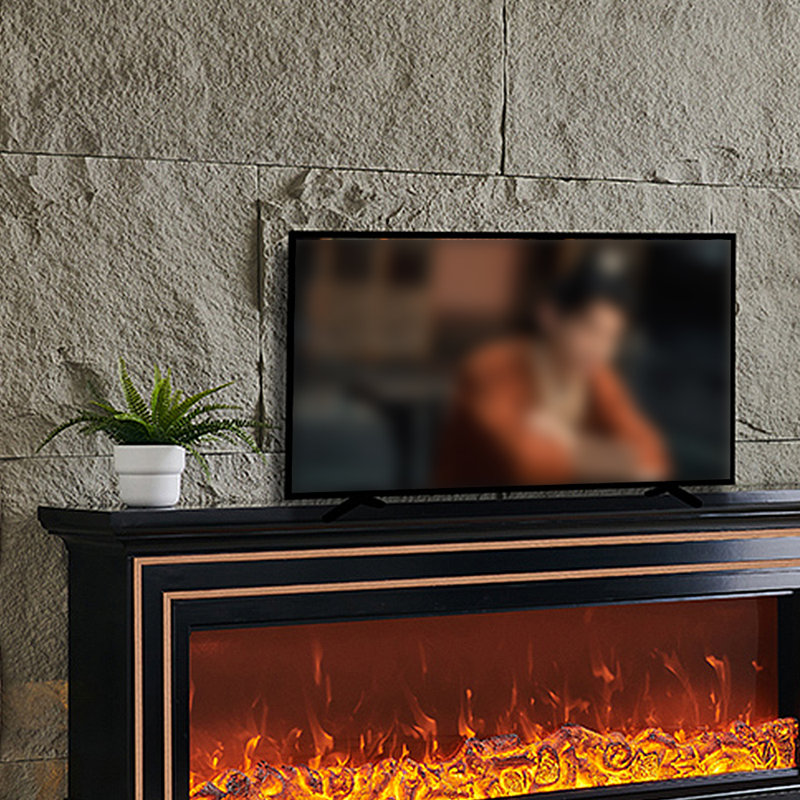 Meuble télé français avec foyer électronique rétro, Noir, noir, noir, noir
