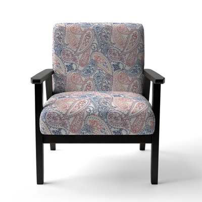 Chaise avec accoudoirs en velours rose et bleu à motif cachemire floral