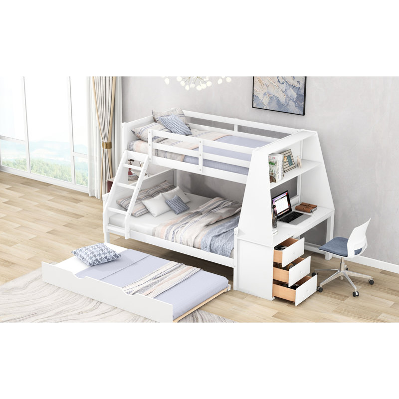 Lit simple superposé au-dessus d'un lit double avec lit gigogne, bureau intégré, blanc - Offre une chambre fonctionnelle pour un sommeil relaxant