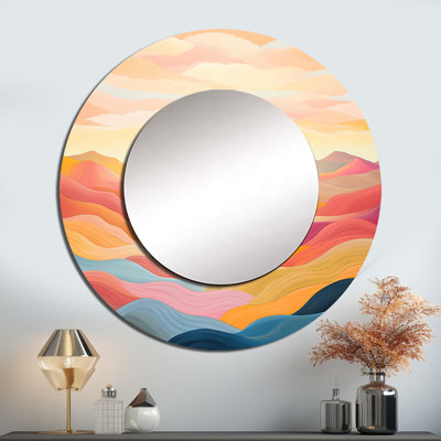 Saifaan Bold Sunset Mountain Horizon - miroir décoratif rose, miroir mural rond traditionnel, impression d'art en métal
