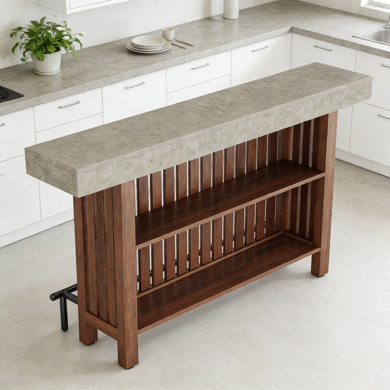 Table de bar en noyer avec comptoir en pierre et base en bois manufacturé
