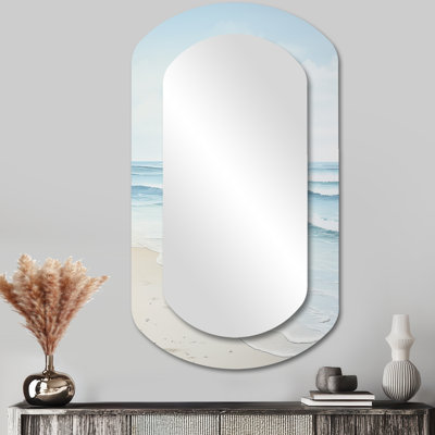 Suwannee Beach Photo Tranquil Waters I - Beach Asymmetrical Decorative Wall Mirror, Blue Unique Shape Mirror, Printed Metal Art