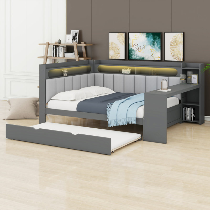 Modern Daybed with Trundle, Charging Station, LED Light, Desk and Storage Shelves, Gray