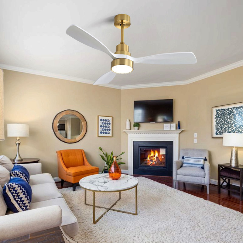 48 Inch Wood Ceiling Fan With 3 Solid Wood Blades Remote Control Reversible Dc Motor For Living Room, Gold, White