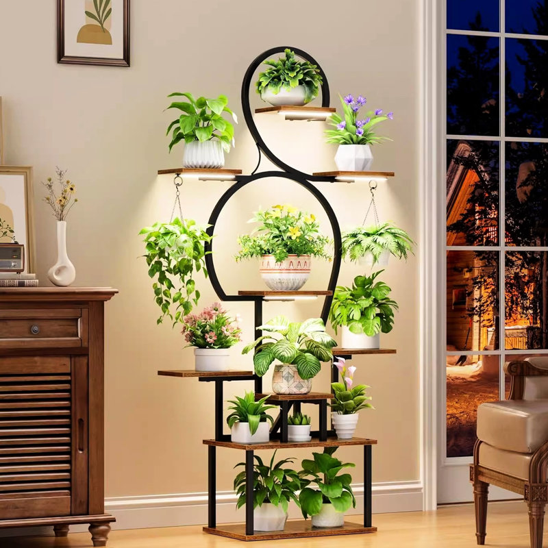 Support pour plante d'intérieur avec culture, structure en métal à 9 niveaux de 63 po de hauteur, design moderne chinois pour l'espace de vie, apparence de noyer brun, étagère à base horizontale, plusieurs plantes dans le balcon,