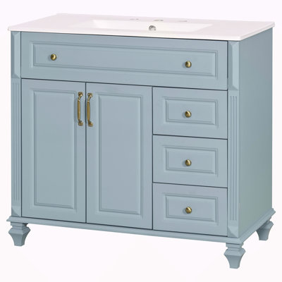 Meuble-lavabo de 36 po avec lavabo, armoire de salle de bain en bois massif gris-bleu avec tiroir rabattable, 3 tiroirs et 2 portes, conception élégante avec poignées en métal doré, meuble-lavabo moderne en bois aggloméré pour le rangement de la salle de bain