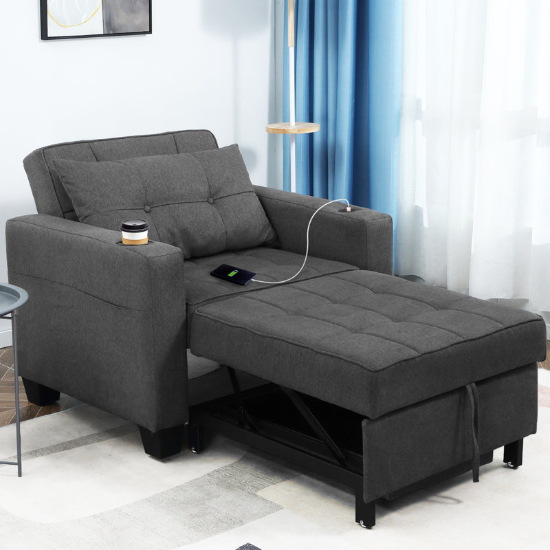Latitude Run 36.6" Wide Convertible Chair 3-In-1 Pull Out Sleeper Futon Chair Beds with USB, Dark Grey Linen