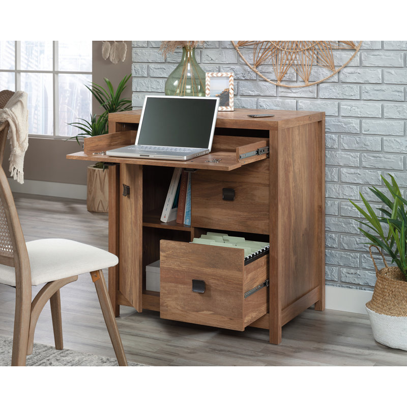 Small Brown Wood Credenza with Drawers and Keyboard Tray