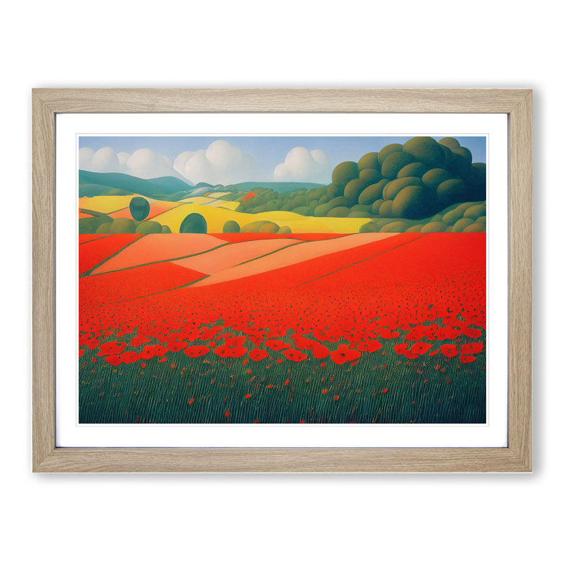 Awesome Poppy Field Flowers - Framed Print, 25cm H x 34cm W x 2cm D, Oak