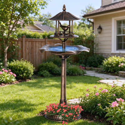 3-in-1 Garden Bird Bath Bowl Pedestal with Bird Feeder Large Water Basin Underneath Flower Planter for Outdoor Yard Decoration